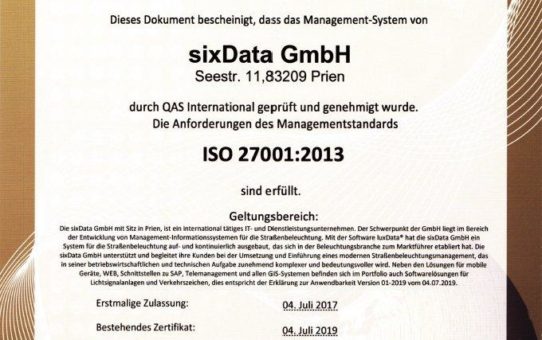 sixData GmbH ist ISO 27001 zertifiziert