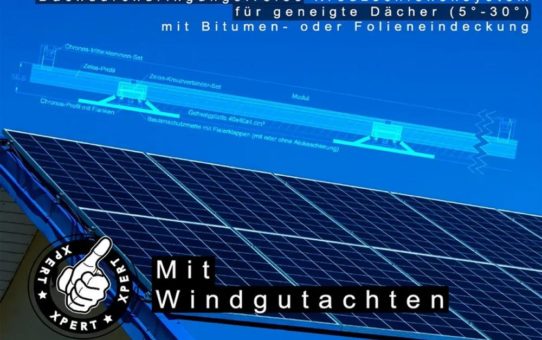 Dachdurchdringungsfreies Kreuzschienensystem für geneigte Dächer (5°-30°) mit Bitumen- oder Folieneindeckung