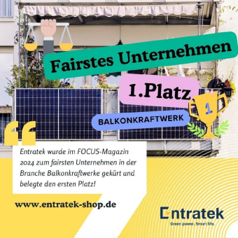 Entratek-Shop.de als "Fairstes Unternehmen" in der Branche "Balkonkraftwerke" ausgezeichnet