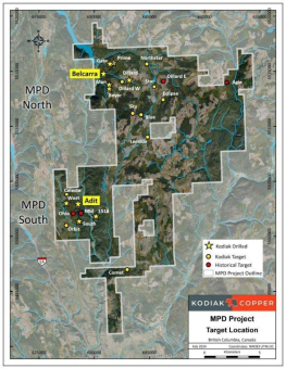 Kodiaks erste Bohrungen in Zone Adit durchschneiden oberflächennahes, hochgradiges Kupfer: 0,76 % CuÄq auf 156 m innerhalb von 0,46 % CuÄq auf 357 m