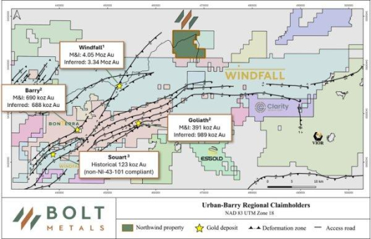 Bolt Metals erwirbt Konzessionsgebiet Northwind im Goldcamp Urban-Barry, 15 km von der Lagerstätte Windfall entfernt