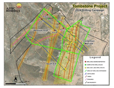 Aztec entdeckt bedeutsame Silber-Gold-Mineralisierung und durchschneidet 85,4 m mit 47,31 g/t Silberäquivalent (AgÄq), einschließlich 24,4 m mit 106,3 g/t AgÄq, bei First-Pass-Bohrungen in Zielgebiet Westside in Konzessionsgebiet Tombstone, Arizona, USA