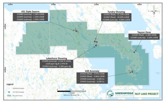 Greenridge Exploration bestätigt hochgradiges Uran bei seinem Uranprojekt Nut Lake, einschließlich einer Probe von 31,13 % U3O8 bei seinem Vorkommen Tundra